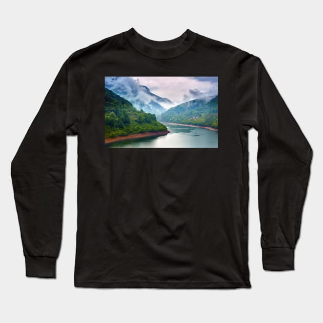 Lake in the mountains on a foggy day Long Sleeve T-Shirt by naturalis